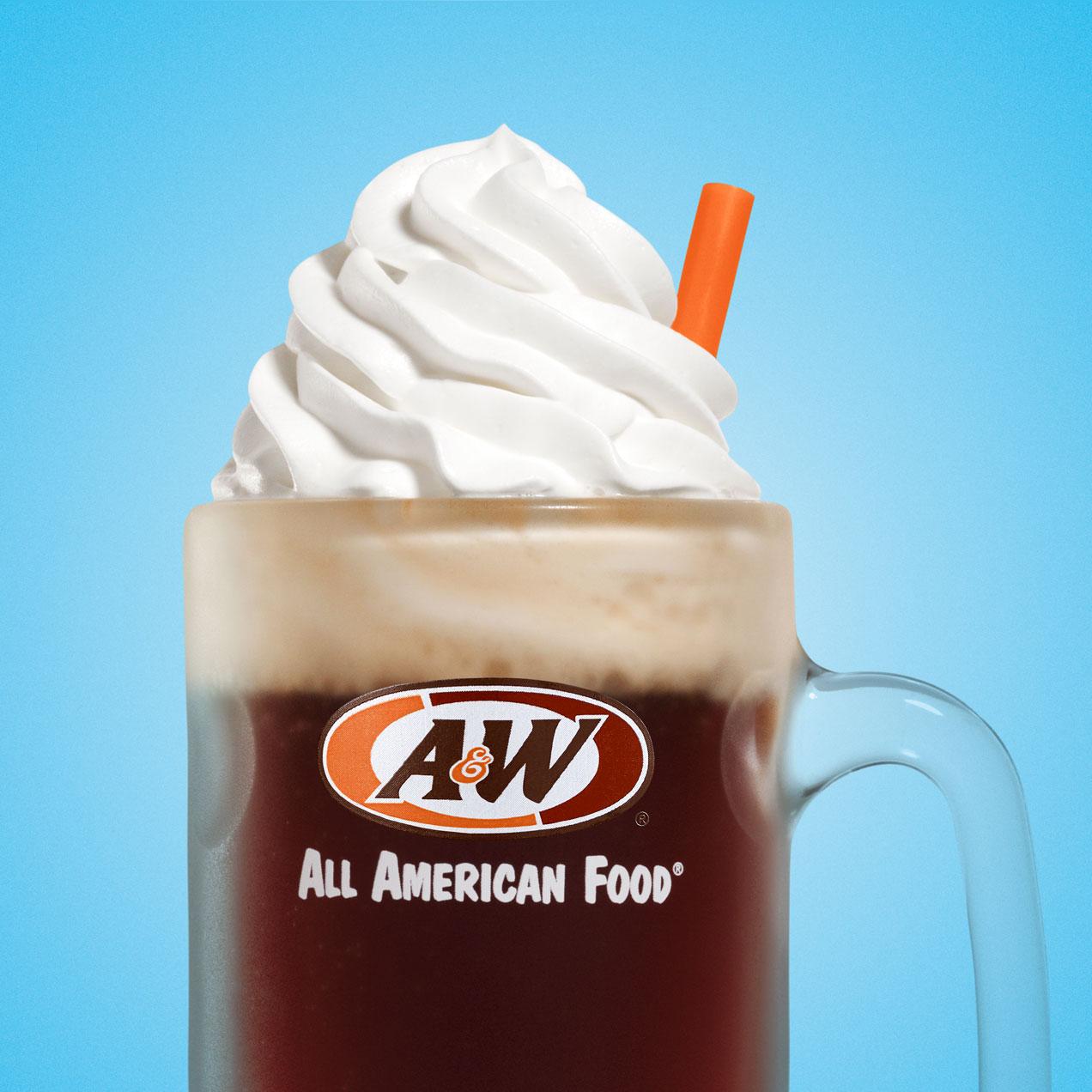Root Beer Float in an A&W mug on a gradient background